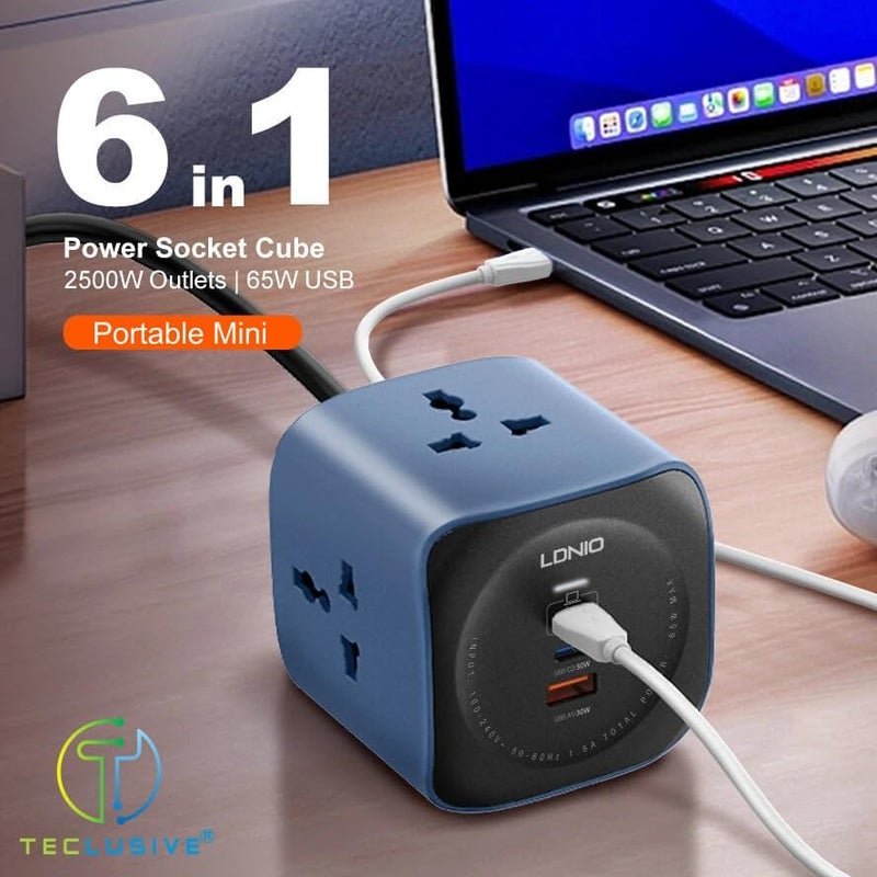 T TECLUSIVE لوحة تمديد مكعبة بقدرة 2500 واط مع منافذ USB C | 3 مقابس طاقة مع شحن فائق السرعة 65W Gan Type C USB QC PD | تمديد متعدد المنافذ | سلك طاقة 2 متر - Image 2