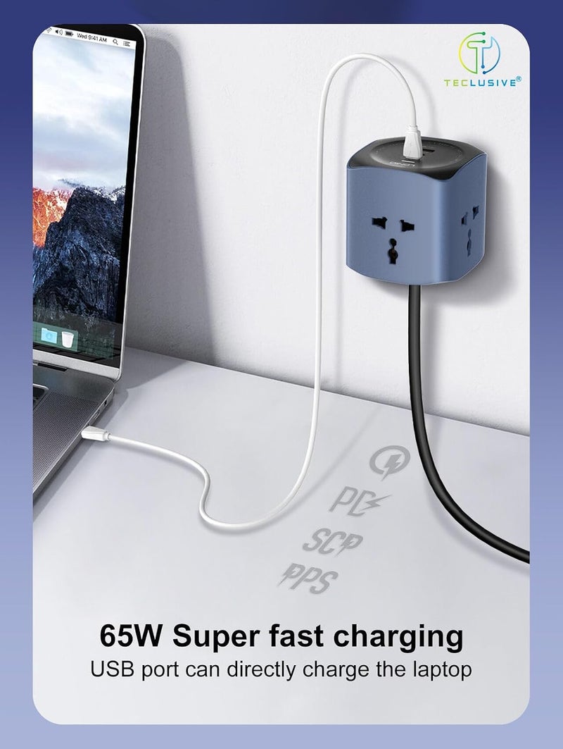 T TECLUSIVE لوحة تمديد مكعبة بقدرة 2500 واط مع منافذ USB C | 3 مقابس طاقة مع شحن فائق السرعة 65W Gan Type C USB QC PD | تمديد متعدد المنافذ | سلك طاقة 2 متر - Image 3