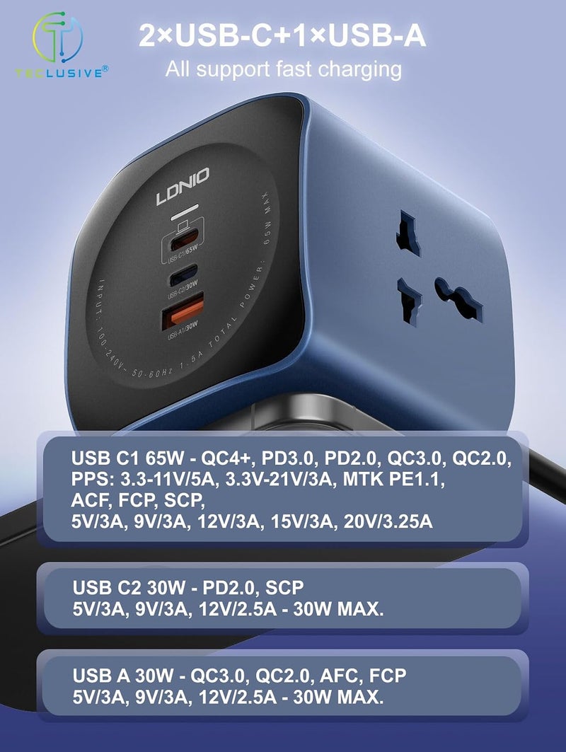 T TECLUSIVE لوحة تمديد مكعبة بقدرة 2500 واط مع منافذ USB C | 3 مقابس طاقة مع شحن فائق السرعة 65W Gan Type C USB QC PD | تمديد متعدد المنافذ | سلك طاقة 2 متر - Image 5
