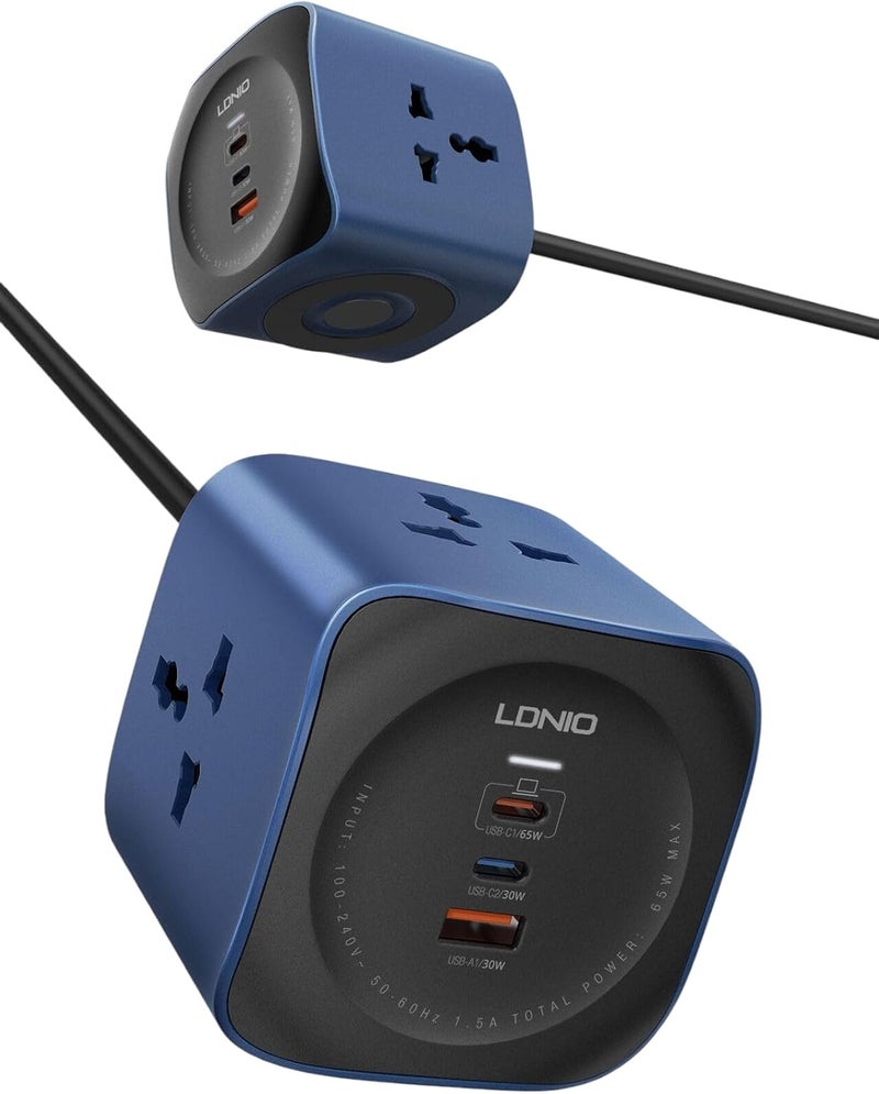 T TECLUSIVE لوحة تمديد مكعبة بقدرة 2500 واط مع منافذ USB C | 3 مقابس طاقة مع شحن فائق السرعة 65W Gan Type C USB QC PD | تمديد متعدد المنافذ | سلك طاقة 2 متر - Image 1
