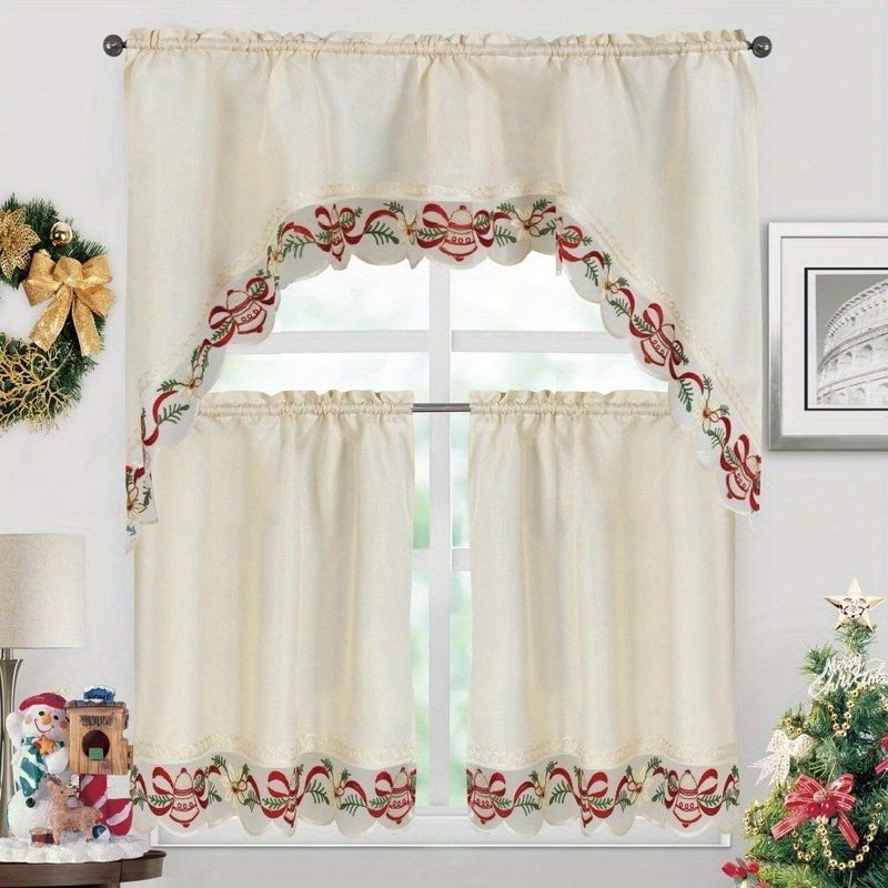 Classic Christmas Kitchen Curtain Set White Lace Cutwork Light Filtering Polyester Drapes Rod Pocket Machine Washable - Image 2