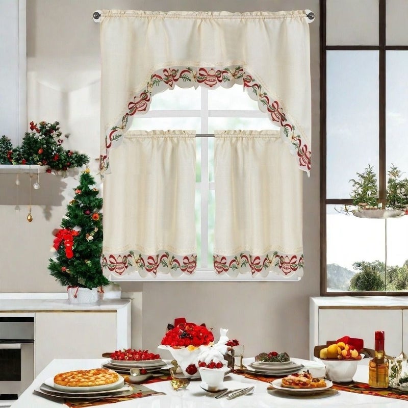Classic Christmas Kitchen Curtain Set White Lace Cutwork Light Filtering Polyester Drapes Rod Pocket Machine Washable - Image 4