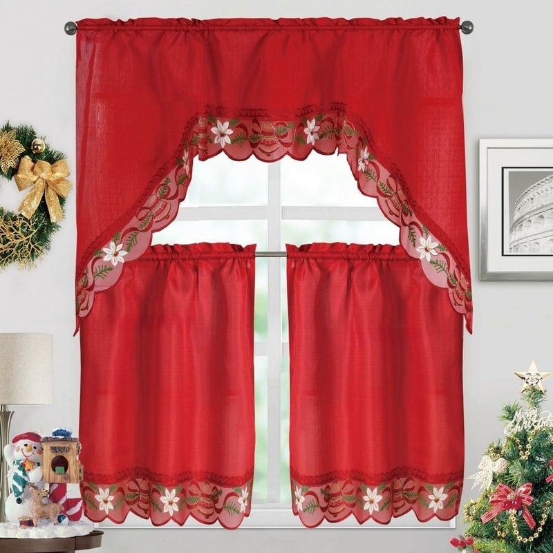 Classic Christmas Kitchen Curtain Set White Lace Cutwork Light Filtering Polyester Drapes Rod Pocket Machine Washable - Image 1