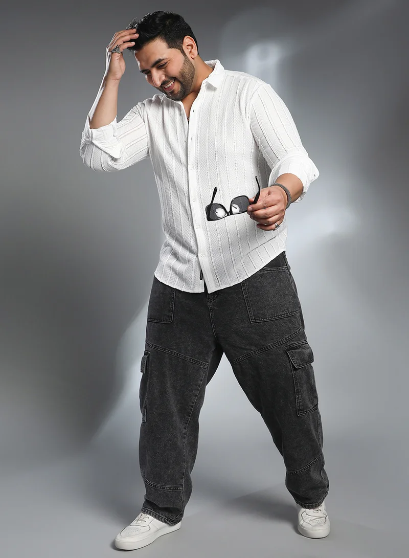 Instafab Plus Instafab Plus Men's Daisy White Braille-Stripe Shirt For Casual Wear | Spread Collar | Long Cuffed Sleeves | Button Closure | Plus Size Shirt Crafted With Comfort Fit For Everyday Wear
