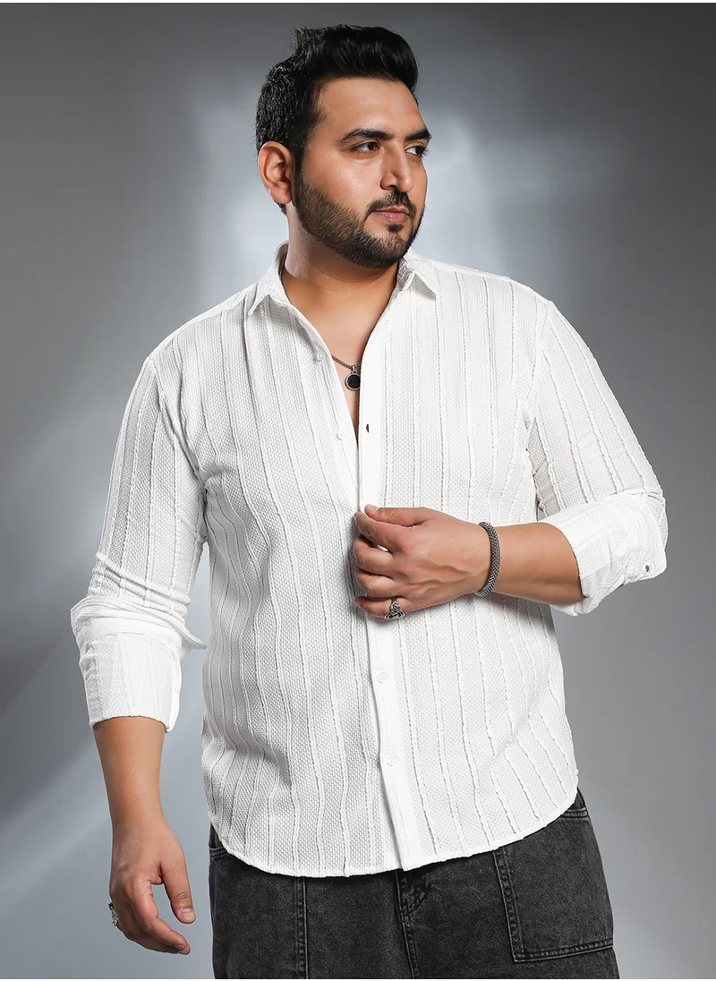 انستافاب بلس Instafab Plus Men's Daisy White Braille-Stripe Shirt For Casual Wear | Spread Collar | Long Cuffed Sleeves | Button Closure | Plus Size Shirt Crafted With Comfort Fit For Everyday Wear