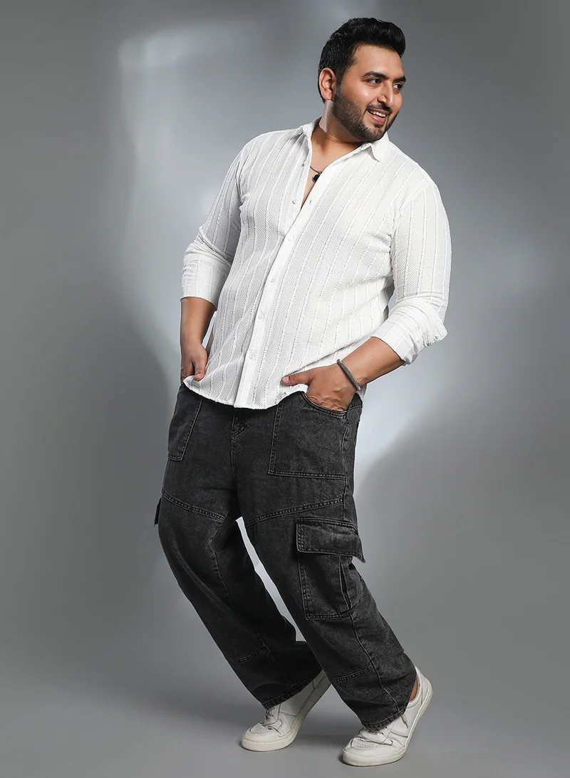 Instafab Plus Instafab Plus Men's Daisy White Braille-Stripe Shirt For Casual Wear | Spread Collar | Long Cuffed Sleeves | Button Closure | Plus Size Shirt Crafted With Comfort Fit For Everyday Wear