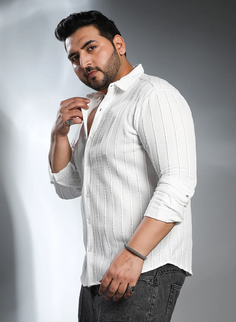 Instafab Plus Instafab Plus Men's Daisy White Braille-Stripe Shirt For Casual Wear | Spread Collar | Long Cuffed Sleeves | Button Closure | Plus Size Shirt Crafted With Comfort Fit For Everyday Wear