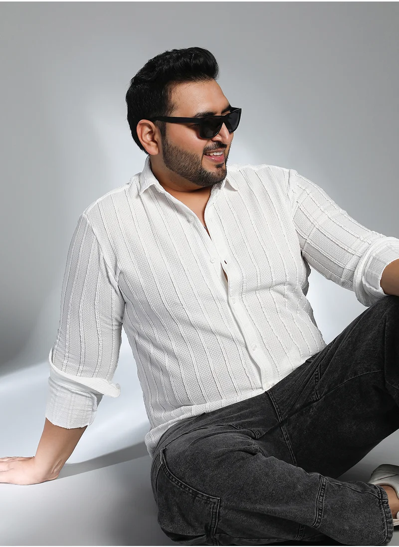انستافاب بلس Instafab Plus Men's Daisy White Braille-Stripe Shirt For Casual Wear | Spread Collar | Long Cuffed Sleeves | Button Closure | Plus Size Shirt Crafted With Comfort Fit For Everyday Wear