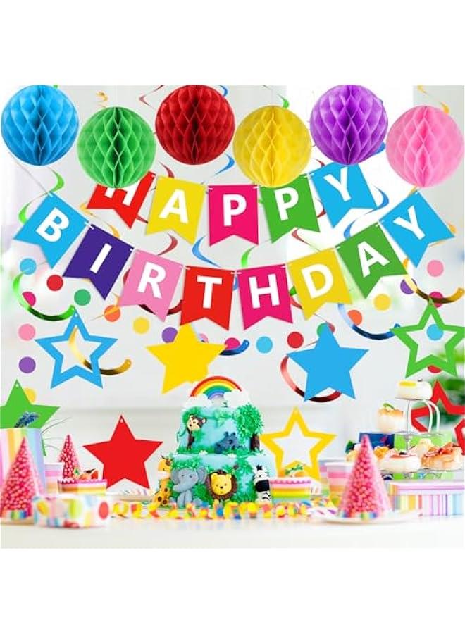 Birthday Decorations, Happy Birthday Banner with Honeycomb Balls, Stars Hanging Swirls Streamers, Circle Dots Garland, Happy Birthday Party Decorations for Women Men Boys Girls (Rainbow) - Image 2