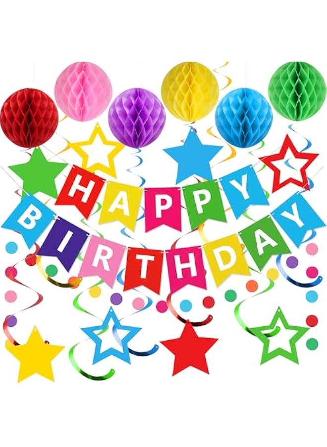 Birthday Decorations, Happy Birthday Banner with Honeycomb Balls, Stars Hanging Swirls Streamers, Circle Dots Garland, Happy Birthday Party Decorations for Women Men Boys Girls (Rainbow) - Image 1