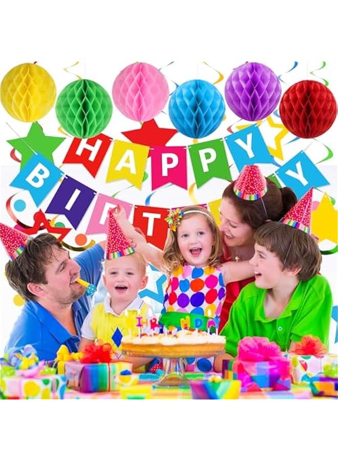 Birthday Decorations, Happy Birthday Banner with Honeycomb Balls, Stars Hanging Swirls Streamers, Circle Dots Garland, Happy Birthday Party Decorations for Women Men Boys Girls (Rainbow) - Image 5