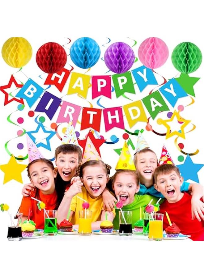 Birthday Decorations, Happy Birthday Banner with Honeycomb Balls, Stars Hanging Swirls Streamers, Circle Dots Garland, Happy Birthday Party Decorations for Women Men Boys Girls (Rainbow) - Image 3