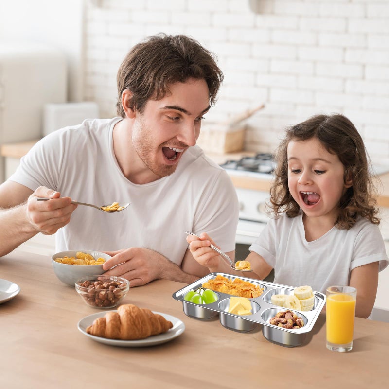 Bakpoco Stainless Steel Divided Plate for Kids Toddler, Non Toxic Portion Control Plate Dinner Plate with Lid for Adults Weight Loss, 4 Pack 5 Sections Rectangular Snack Plate Tray - Image 2