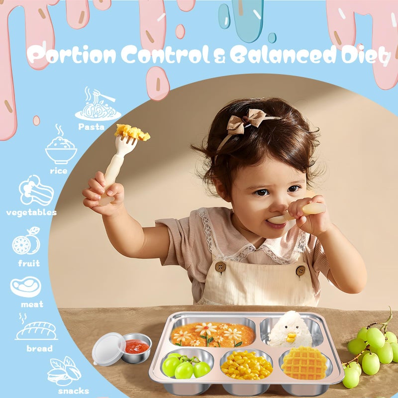Bakpoco Stainless Steel Divided Plate for Kids Toddler, Non Toxic Portion Control Plate Dinner Plate with Lid for Adults Weight Loss, 4 Pack 5 Sections Rectangular Snack Plate Tray - Image 3