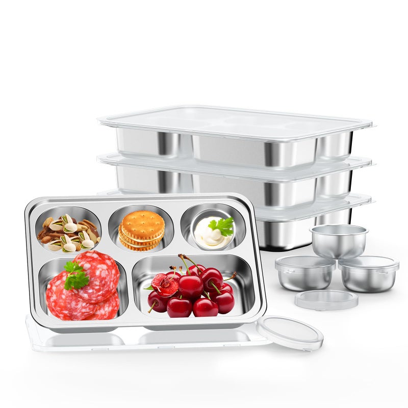 Bakpoco Stainless Steel Divided Plate for Kids Toddler, Non Toxic Portion Control Plate Dinner Plate with Lid for Adults Weight Loss, 4 Pack 5 Sections Rectangular Snack Plate Tray - Image 1