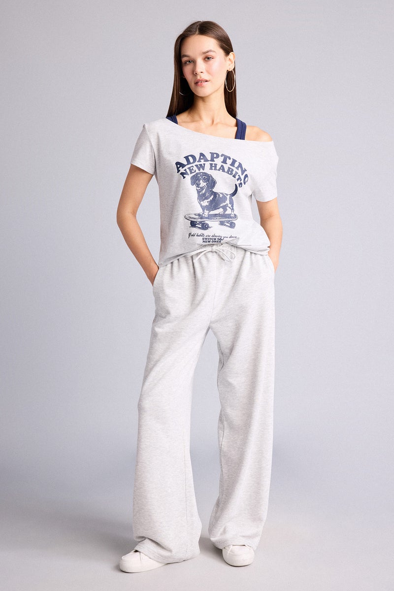 DeFacto Grey Woman Boxy Fit Boat Collar Printed Short Sleeve T-Shirt Casual - Image 2