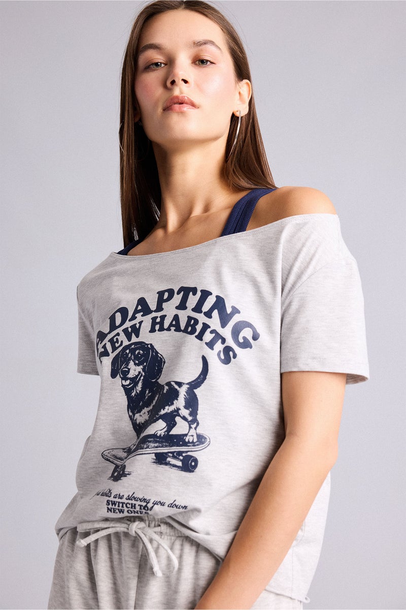 DeFacto Grey Woman Boxy Fit Boat Collar Printed Short Sleeve T-Shirt Casual - Image 3