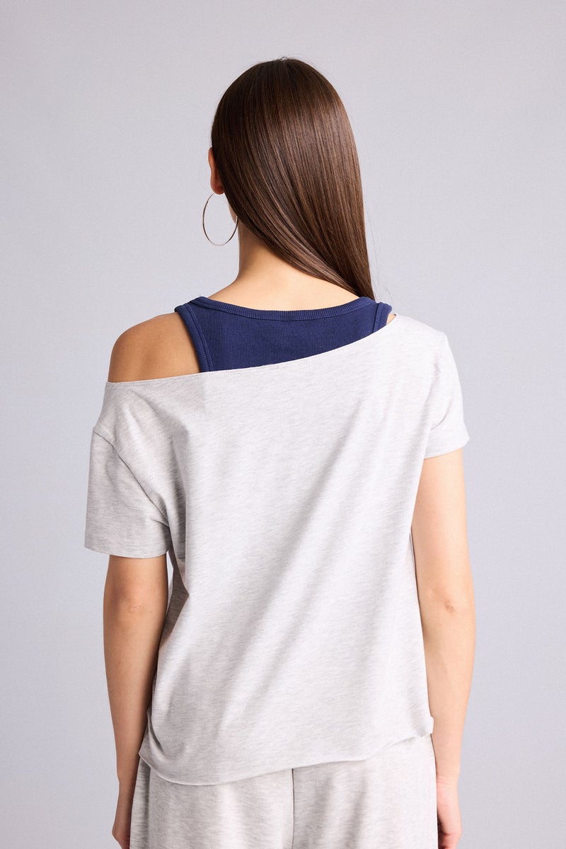DeFacto Grey Woman Boxy Fit Boat Collar Printed Short Sleeve T-Shirt Casual - Image 5