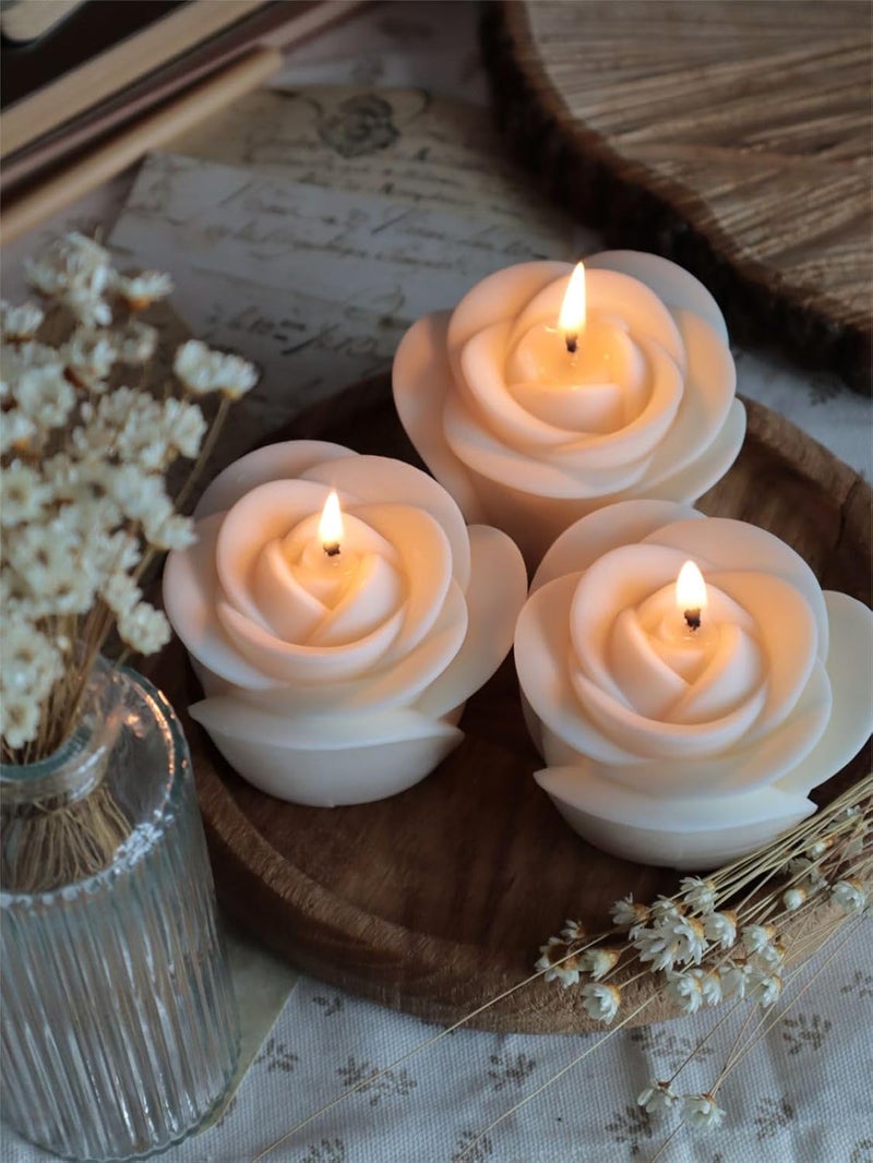 PICKKART Decorative Rose-Shaped Floating Candles, White, Set of 3, Handmade (3) - Image 1