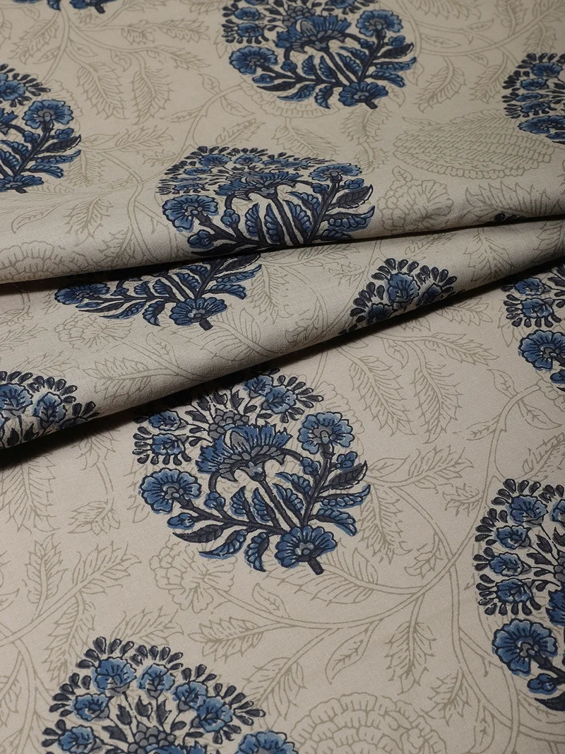 أيه كيه إس Floral Block Print Fabric Off-White & Indigo Blue