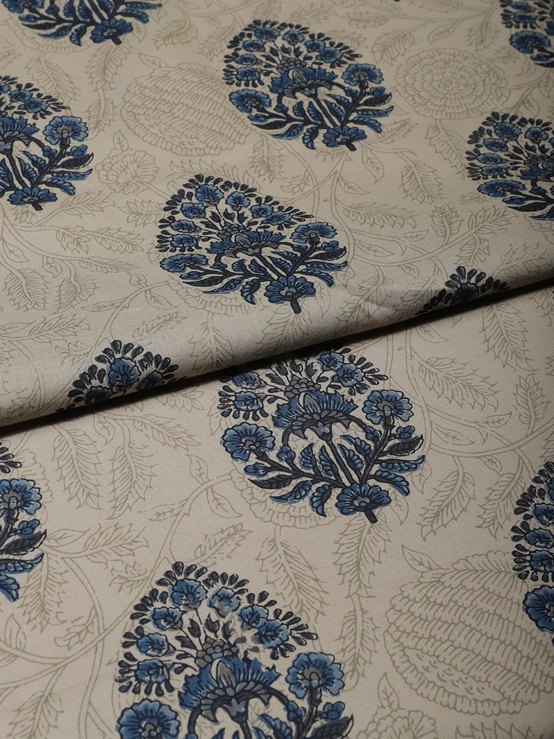 أيه كيه إس Floral Block Print Fabric Off-White & Indigo Blue
