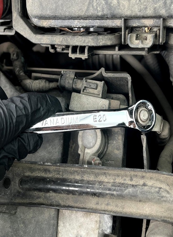 مجموعة مفاتيح ربط E-Torx من LEONTOOL مكونة من 4 قطع، مجموعة مفاتيح ربط ذات طرفين على شكل نجمة، مجموعة مفاتيح ربط CR-V من الفولاذ E-Ring E6 E8 E10 E12 E14 E18 E20 E24 أداة إصلاح سيارات طويلة للغاية، فضية - Image 2