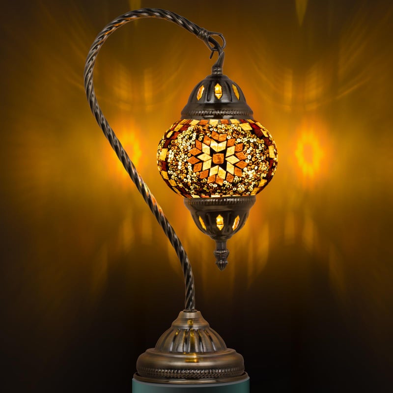 Marrakech Tiffany Lamp Turkish Table Lamp with Vintage Style, Handmade Moroccan Lamps with Mosaic Stained Glass&Swan Neck Bronze Base Including LED Bulb for Living Room Bedroom Decor (Yellow) - Image 1