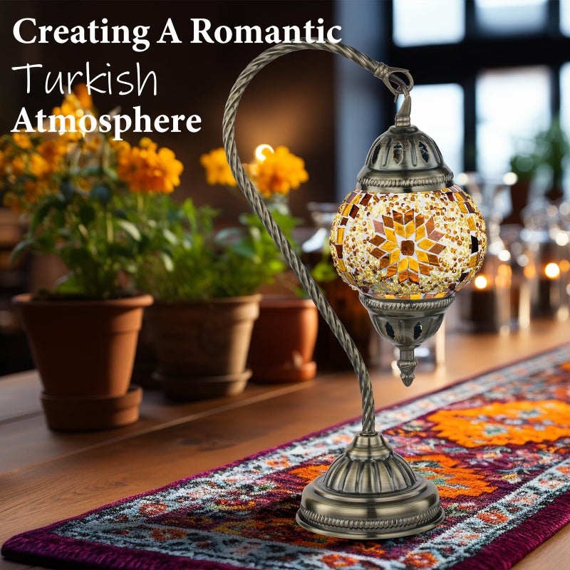 Marrakech Tiffany Lamp Turkish Table Lamp with Vintage Style, Handmade Moroccan Lamps with Mosaic Stained Glass&Swan Neck Bronze Base Including LED Bulb for Living Room Bedroom Decor (Yellow) - Image 2