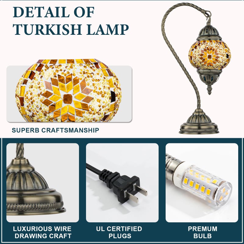 Marrakech Tiffany Lamp Turkish Table Lamp with Vintage Style, Handmade Moroccan Lamps with Mosaic Stained Glass&Swan Neck Bronze Base Including LED Bulb for Living Room Bedroom Decor (Yellow) - Image 4
