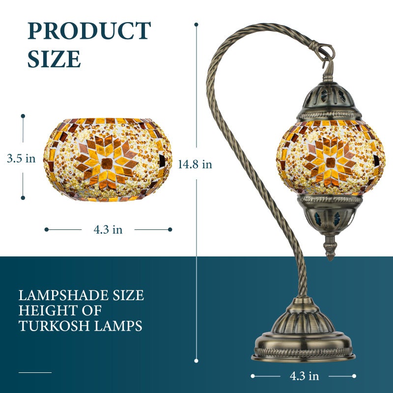 Marrakech Tiffany Lamp Turkish Table Lamp with Vintage Style, Handmade Moroccan Lamps with Mosaic Stained Glass&Swan Neck Bronze Base Including LED Bulb for Living Room Bedroom Decor (Yellow) - Image 3