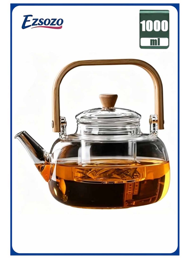 EZSOZO 1000ml Glass Teapot with Glass Strainer，Suitable for Loose Tea leaves，Stovetop usable，Bamboo Handle (Braided Handle) - Image 1
