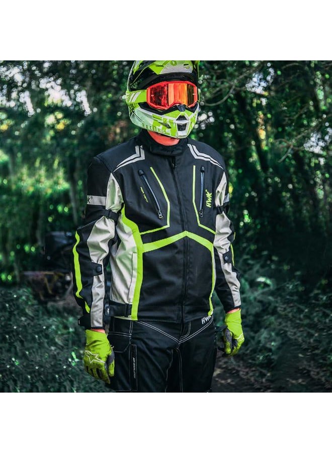 HWK Motorcycle Jacket for Men and Women Scorpion with Cordura Fabric for Enduro Motorbike Riding and Armor Foam Padding for Impact Protection, Dual Sport Motorcycle Jacket - Hi-Vis Green, Large - Image 3