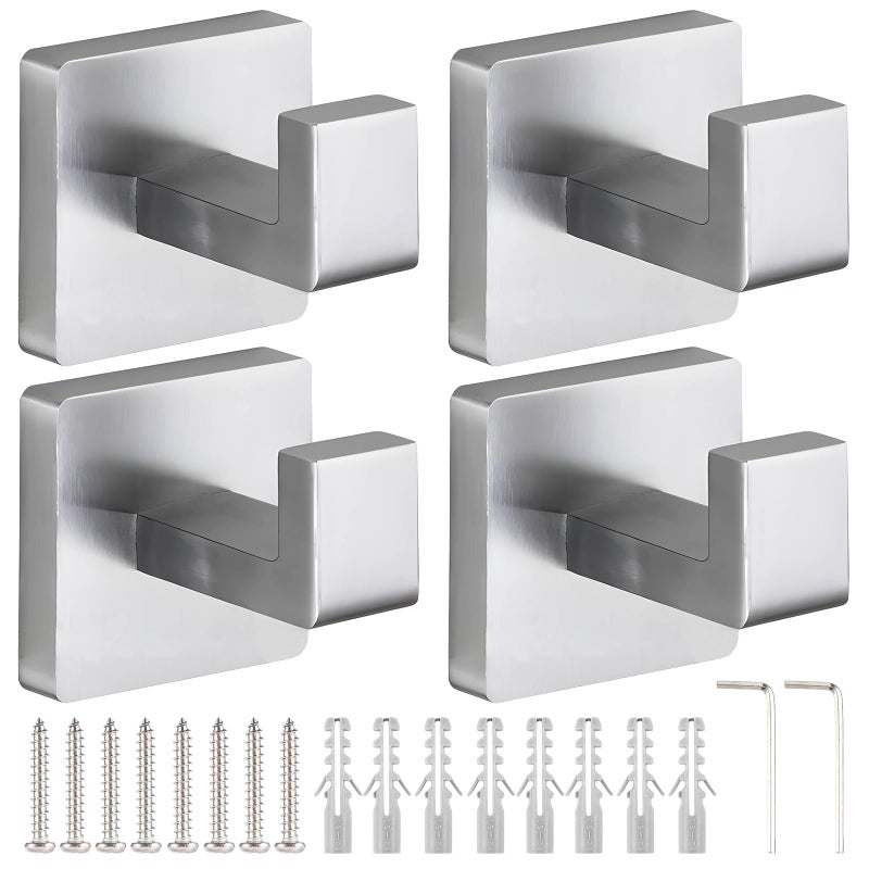 Set of 4 Square Stainless Steel Wall Hooks for Bathroom Kitchen Wall Mount - Image 2