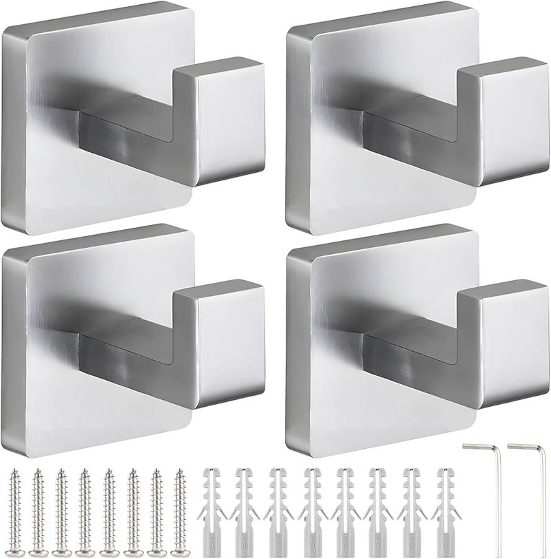 Set of 4 Square Stainless Steel Wall Hooks for Bathroom Kitchen Wall Mount - Image 1