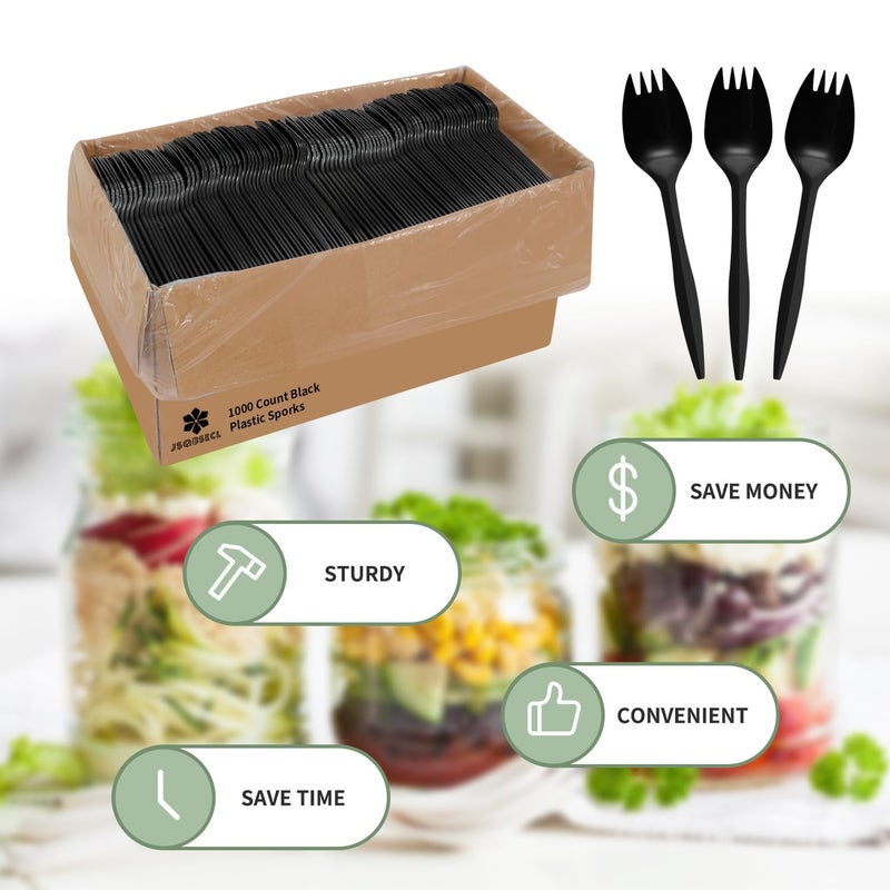 JSQBSECL [1000 Pack] Disposable Plastic Sporks-Party Dimensions Bulk Black Disposable Silverware Plastic Cutlery Spork (Sporks) - Image 2