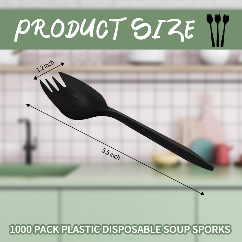 JSQBSECL [1000 Pack] Disposable Plastic Sporks-Party Dimensions Bulk Black Disposable Silverware Plastic Cutlery Spork (Sporks) - Image 1