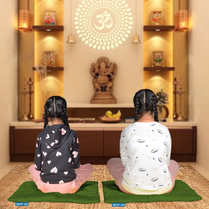 NEXTGO Pooja Aasan Extra Thick Gaddi Style Velvet Cloth Gifts Katha Havan Shaadi Long Time Comfort Soft Prayer Floor Sitting Mat Big Size 27X 27 INCH English Green 2 - Image 2