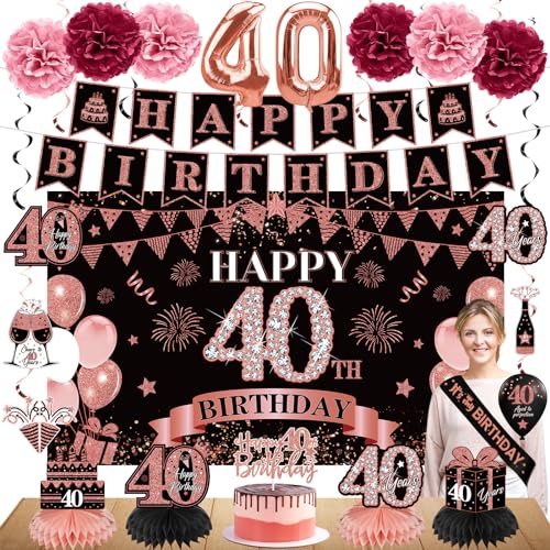 Eucutur 42PCS 40th Birthday Decoration Kit for Women Rose Gold Happy 40th Bday Banner Balloons Honeycomb Centerpiece Swirl Paper Pompoms Party Supplies 40 Bday Sash Table Cake Topper Swirls Set - Image 1