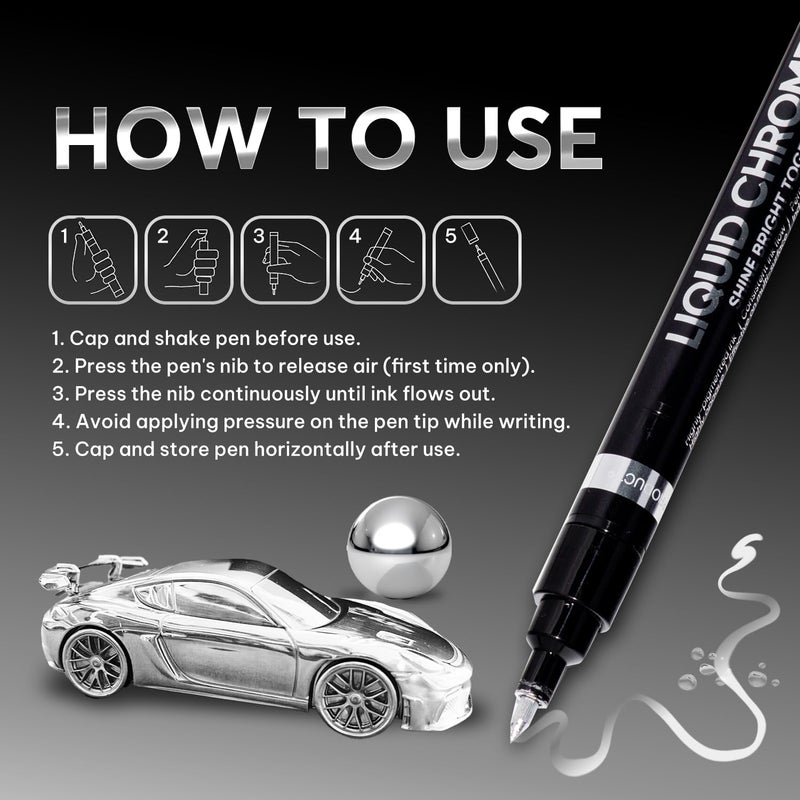 COORIART 3PK Liquid Chrome Markers - Permanent Mirror Chrome Pens, Chrome Paint Pens for Plastic, Metal, Model Painting, Touch Up & Repair Kit, Set of 3 Tips (0.7mm, 1mm, 3mm) - Image 5