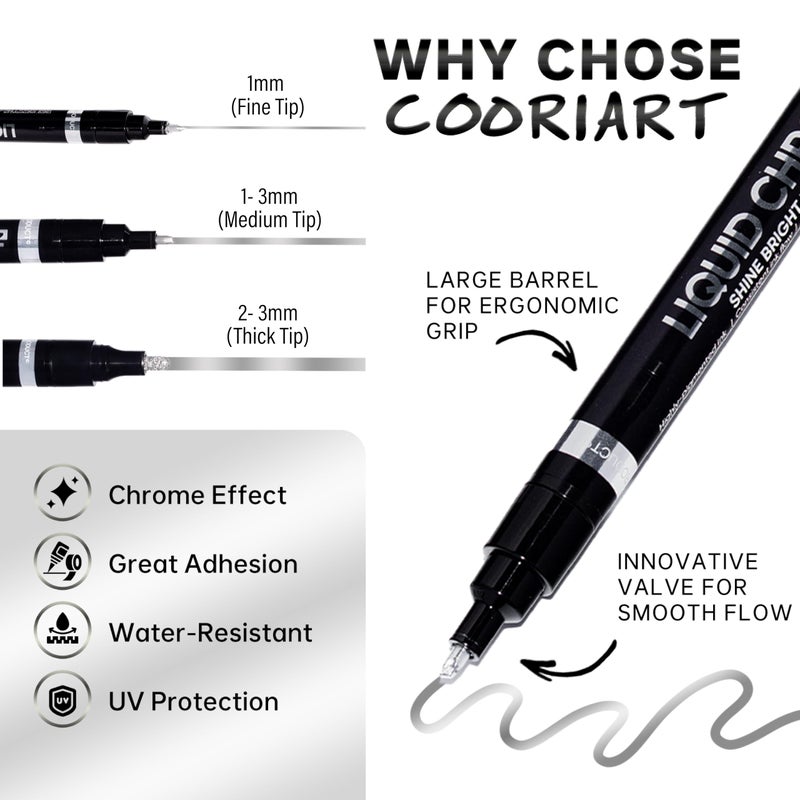 COORIART 3PK Liquid Chrome Markers - Permanent Mirror Chrome Pens, Chrome Paint Pens for Plastic, Metal, Model Painting, Touch Up & Repair Kit, Set of 3 Tips (0.7mm, 1mm, 3mm) - Image 2