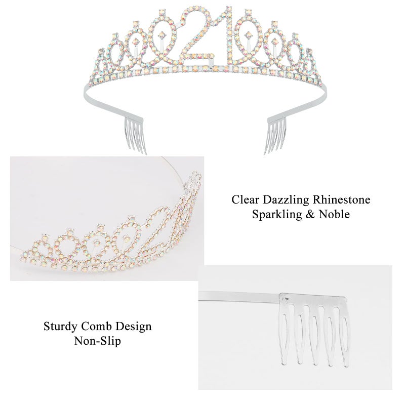 KICOSY 21st Birthday Crowns and Sash for Women, Princess Tiara Sash Set Elegant Sliver Crown with Combs for Girls, 21st Birthday Decorations for Her Party Hair Accessories Gifts - Image 5
