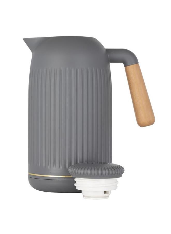 تايمليس ترمس بلاستيك جايدا سعة 1 لتر بمقبض خشبي، رمادي غامق - Image 2