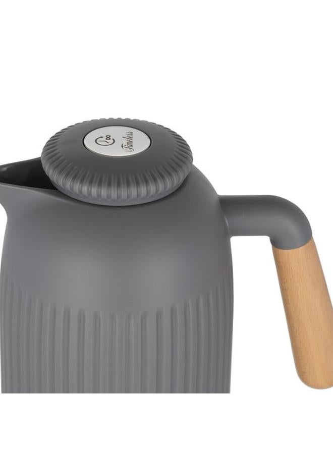 تايمليس ترمس بلاستيك جايدا سعة 1 لتر بمقبض خشبي، رمادي غامق - Image 3