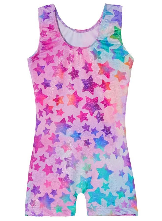 TENVDA Gymnastics Leotards for Girls 6-7 Years Old Sparkly Hot Pink Stars Print Tumbling Biketard with Shorts Unitard - Image 2