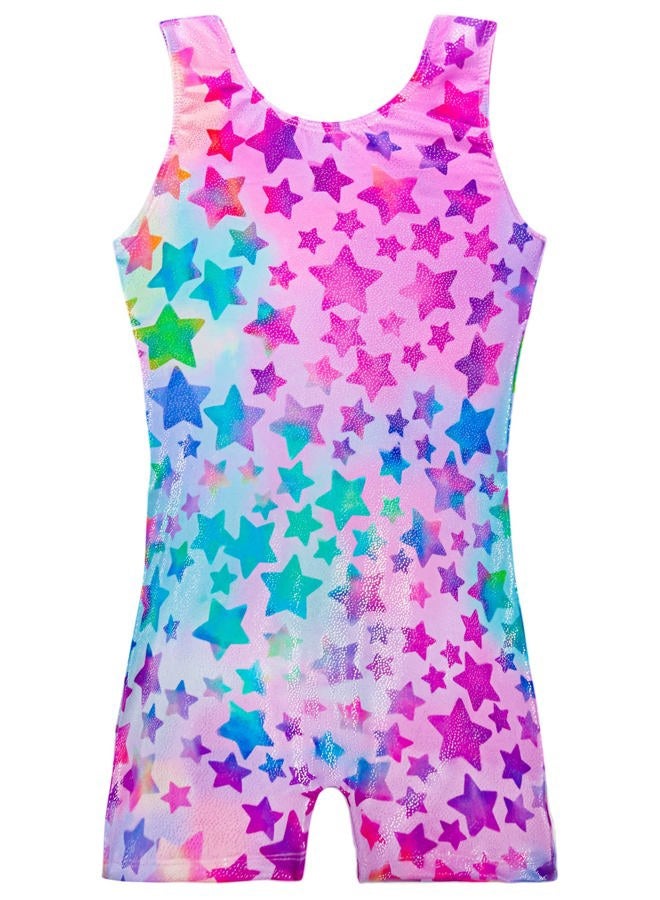 TENVDA Gymnastics Leotards for Girls 6-7 Years Old Sparkly Hot Pink Stars Print Tumbling Biketard with Shorts Unitard - Image 1