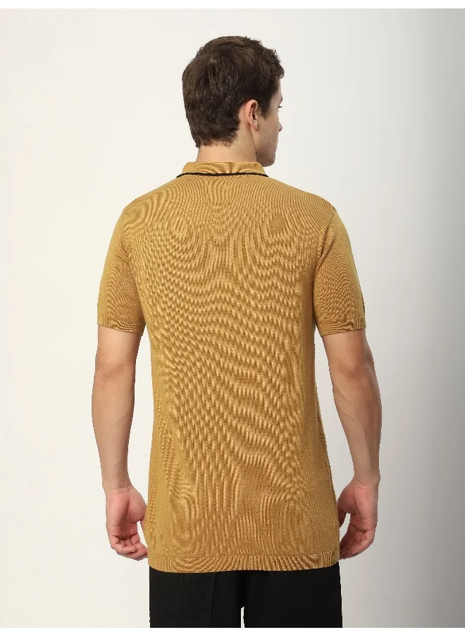 بيونغ Mustard Geometric Textured Flat Knit Polo T-Shirt