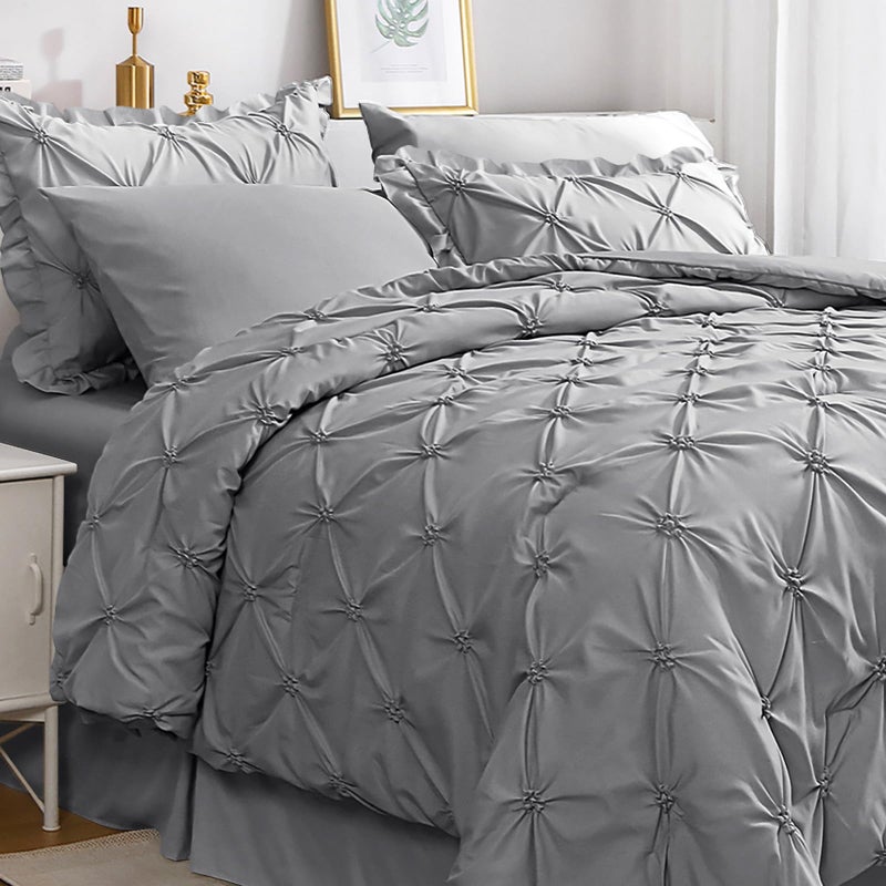JOLLYVOGUE Grey Queen Comforter Set, 7 Pieces Pintuck Comforters Queen Size, Bed in a Bag Queen Comforter for Bedroom, Bedding Comforter Sets with Comforter, Sheets, Ruffled Shams & Pillowcases - Image 1