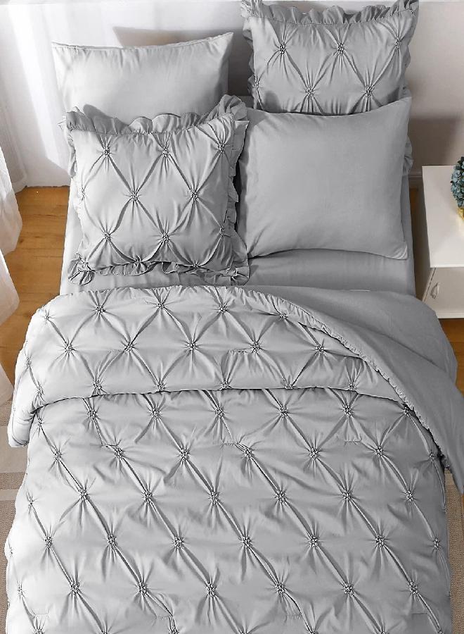 JOLLYVOGUE JOLLYVOGUE Queen Comforter Set 8 Pieces, Pintuck Gray Bed in a Bag Comforter Set for Bedroom, Beddding Sets with Comforter, Sheets, Bed Skirt, Ruffled Shams & Pillowcases  - Image 4