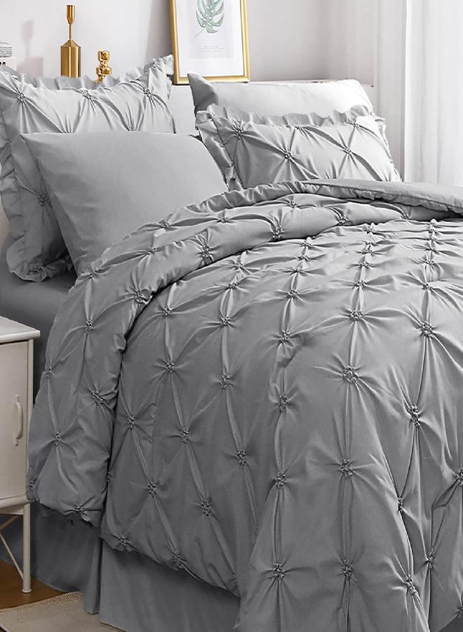 JOLLYVOGUE JOLLYVOGUE Queen Comforter Set 8 Pieces, Pintuck Gray Bed in a Bag Comforter Set for Bedroom, Beddding Sets with Comforter, Sheets, Bed Skirt, Ruffled Shams & Pillowcases  - Image 3