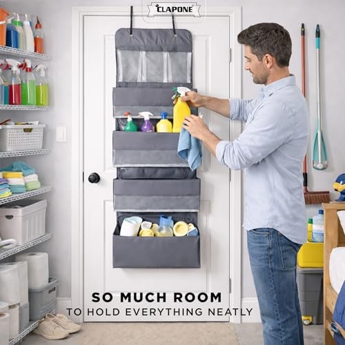 CLAPONE Over the Door Organizer/Large Pockets – Anti-Tilt Hanging Storage for Bedroom/Closet Door Storage/Bathroom/Pantry/Nursery/Bedroom (Grey, 4 Shelf Hanging Door) - Image 5
